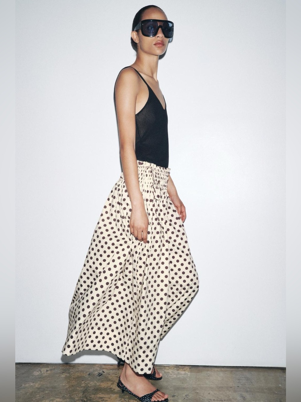 ZARA ZW Cotton Polka Dot Smocked Waist Midi Skirt - S NWT